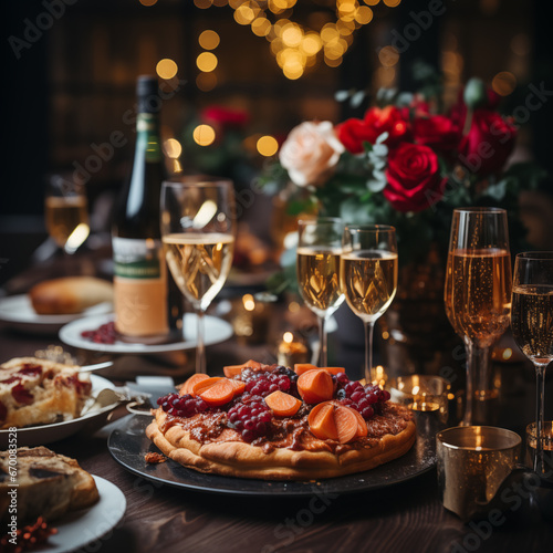 Dinner table full of dishes with food and snacks, Christmas and New Year's. Generative Ai