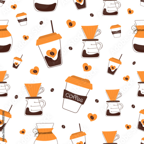 Seamless cozy coffee pattern. Coffee glasses, V60, coffee beans, pourover, Chemex. Warm brown and orange colors for autumn cards, invitations and fabric prints.