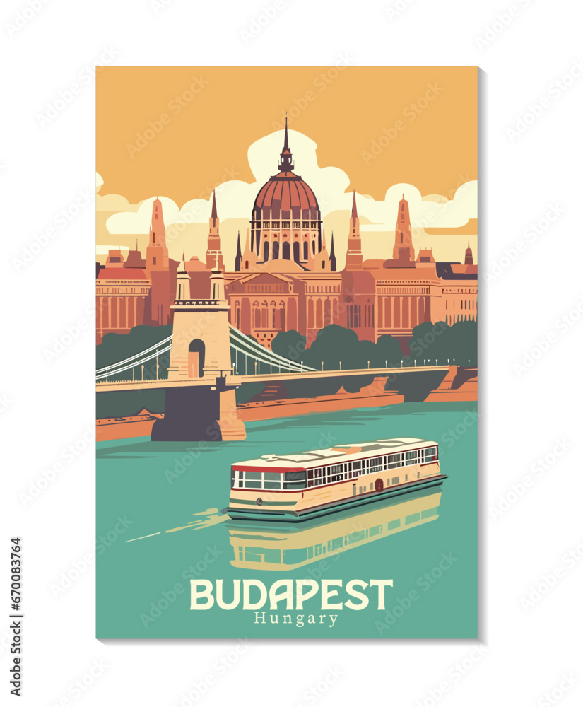 Fototapeta premium Budapest, Hungary. Vintage Travel Posters. Vector art. Famous Tourist Destinations Posters Art Prints Wall Art and Print Set Abstract Travel for Hikers Campers Living Room Decor