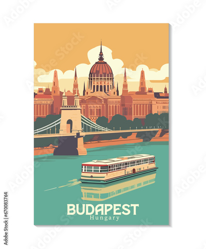 Budapest, Hungary. Vintage Travel Posters. Vector art. Famous Tourist Destinations Posters Art Prints Wall Art and Print Set Abstract Travel for Hikers Campers Living Room Decor