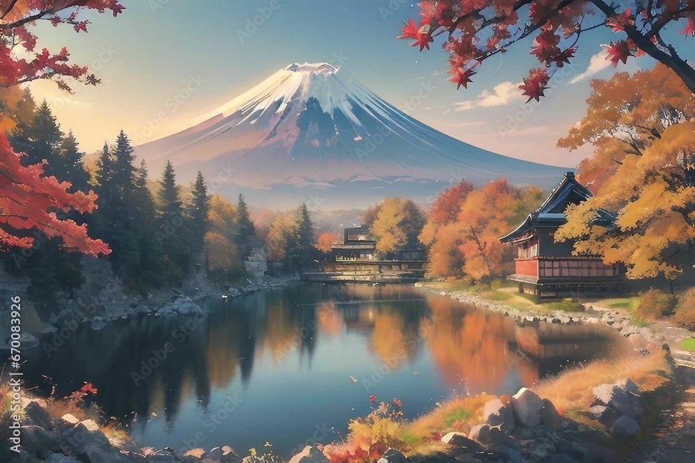 秋の紅葉観光地から望む富士山のイラスト