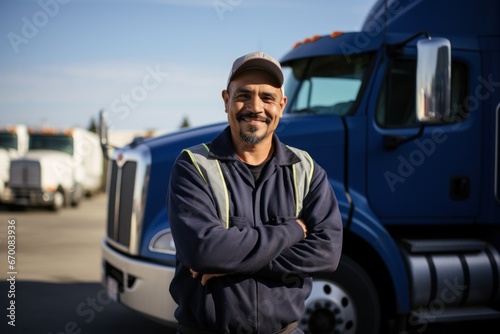 Truck driver smile happy face standing in front of truck