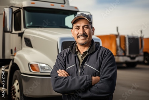Truck driver smile happy face standing in front of truck