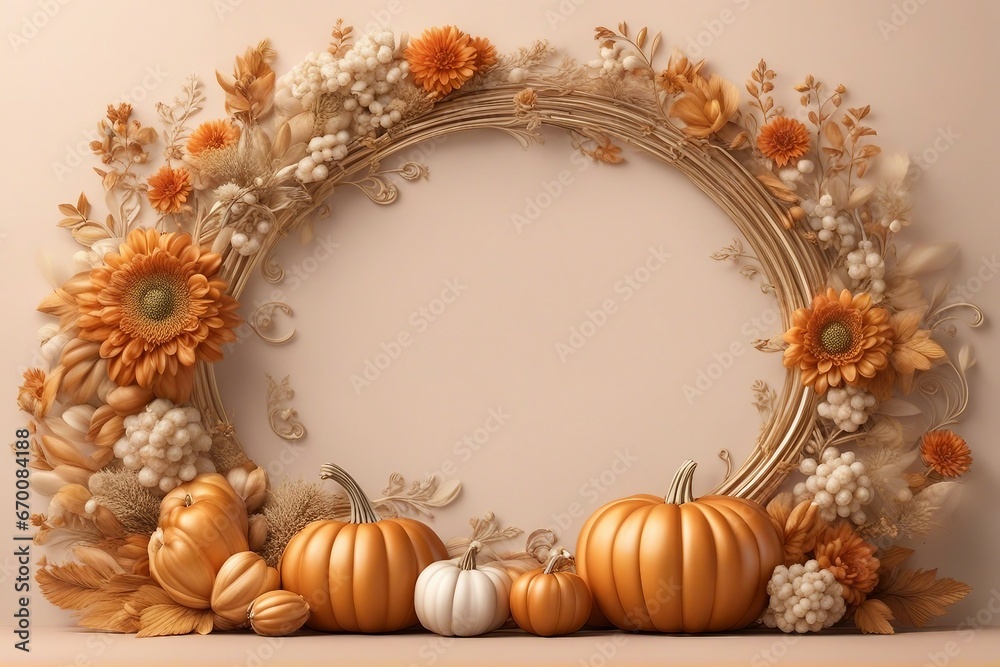 Luxury decor Frame from pumpkins, flowers and fall leaves. Concept of Thanksgiving day or Halloween Design. Wedding or Flowers Frame Background.