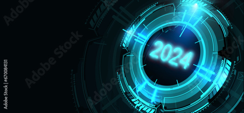 Digital Futuristic Interface Displaying Year 2024, Advanced Technological Circular HUD with Illuminating Neon Elements. Hi-tech numbers.  Vector illustration graphic template