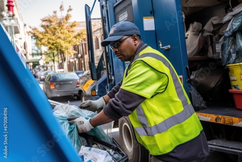 Sanitation worker picking up trash to garbage truck photo