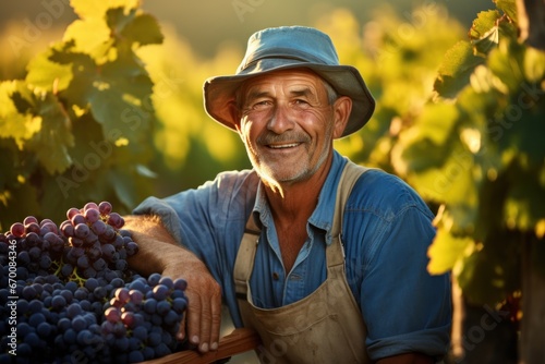 Winery vineyard worker smile face with grapes