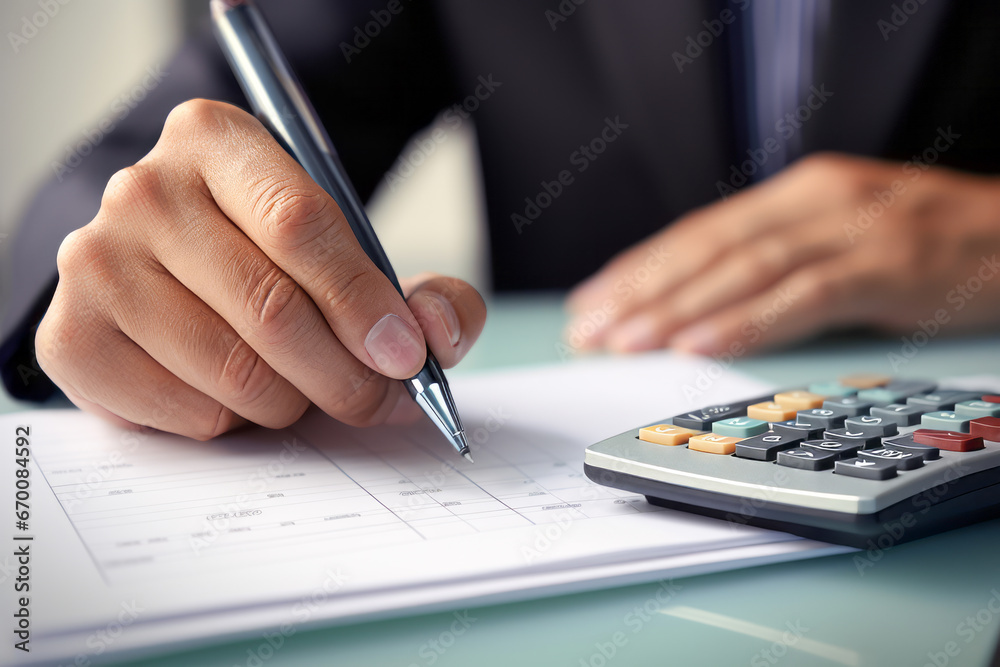 Fototapeta premium Concentrate on calculating the totals using a calculator and handwriting them on paper using a writing instrument such as a ballpoint pen or fountain pen. Handcraft and stationery concept.