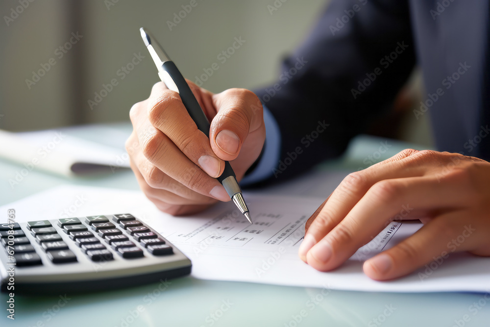 Fototapeta premium Concentrate on calculating the totals using a calculator and handwriting them on paper using a writing instrument such as a ballpoint pen or fountain pen. Handcraft and stationery concept.