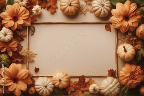 Festive autumn decor Frame from pumpkins  flowers and fall leaves. Concept of Thanksgiving day or Halloween Design. Wedding or Flowers Frame Background.