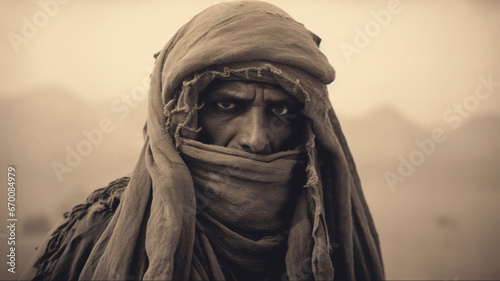 B&W sepia portrait of a Bedouin tribal elder in the desert. Exhausted, weary expression and meaningful gaze.