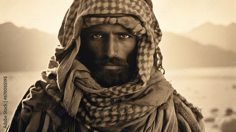 B&W sepia portrait of a Bedouin tribal elder in the desert. Exhausted, weary expression and meaningful gaze. B&W sepia portrait of a Bedouin tribal elder in the desert. Exhausted, weary expression and meaningful gaze.