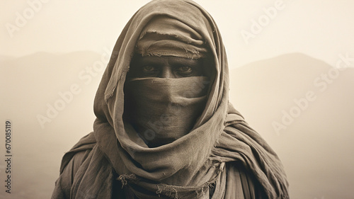 B&W sepia portrait of a Bedouin tribal elder in the desert. Exhausted, weary expression and meaningful gaze. photo