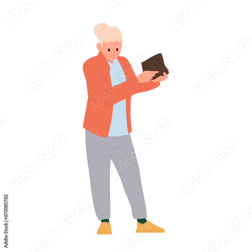 Poor woman shaking empty wallet searching any money cash for life isolated on white background