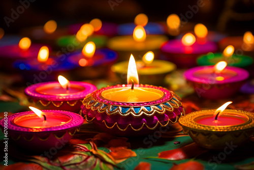 beautiful colorful clay Indian Diwali Diye lamps for Diwali festival  Diwali postcard  generative AI