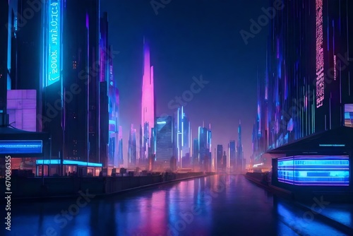 A futuristic cityscape at dusk, illuminated by neon lights and holographic billbo