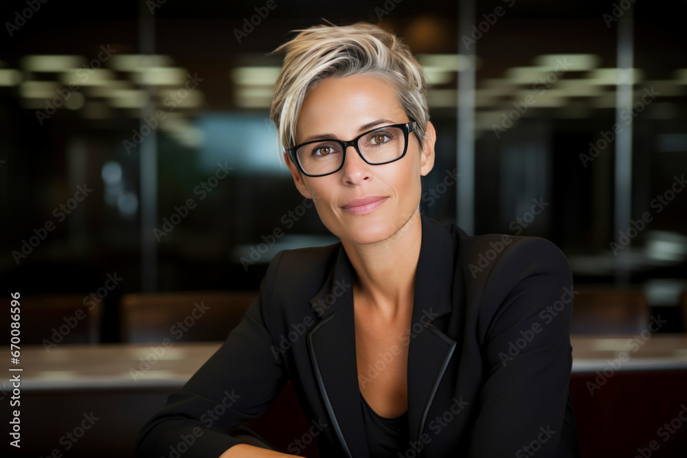Smiling blonde executive in black posing in an office. Smiling blonde executive in black posing in an office.