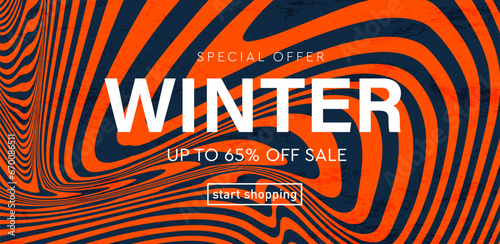 Winter Graphic Abstract Sale. Modern 3d Design for Advertising, Social Media, Poster, Banner, Cover. Background Vector Memphis Elements for Shopping, Retail, Market. Special Offer of 65% Off.   photo