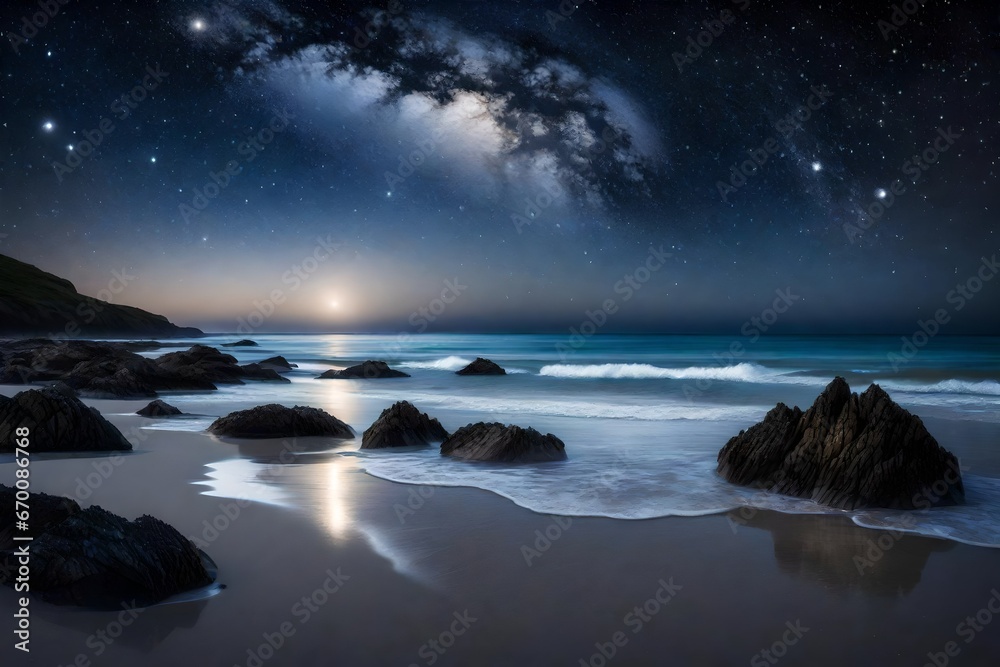 A tranquil, moonlit beach with gentle waves kissing the shore, casting a silvery glow on the sands, and a st