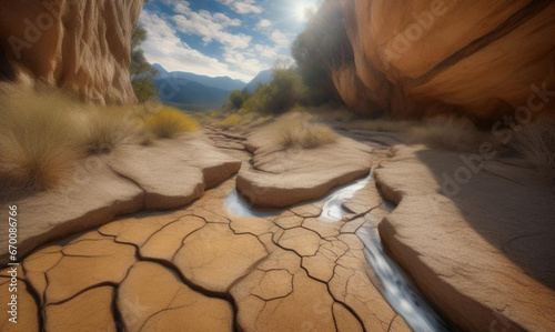 Dried up riverbed as a result of climate change and increase in extreme weather events.  Generative AI photo