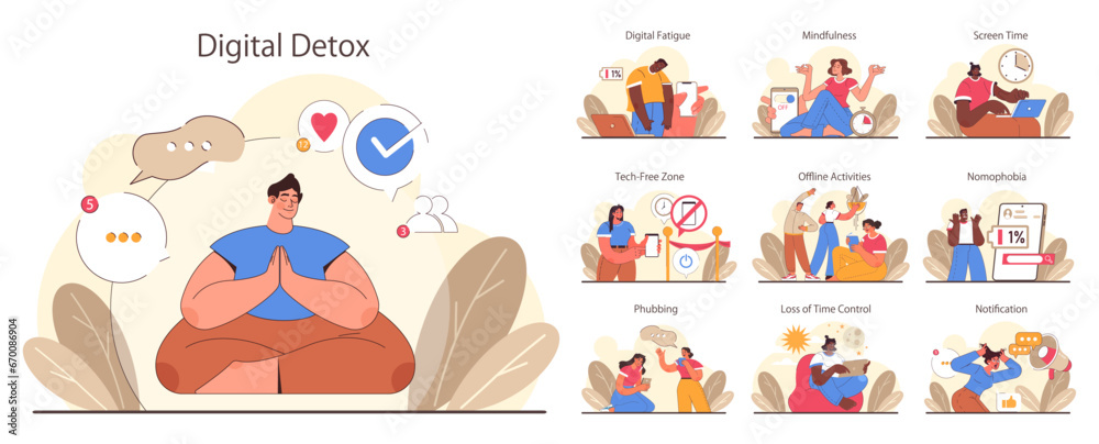 Digital detox set. Characters practicing mindfulness, reducing screen time, and enjoying tech-free zones. Disconnected or turned off gadget. Balanced life and mental health. Flat vector illustration Digital detox set. Characters practicing mindfulness, reducing screen time, and enjoying tech-free zones. Disconnected or turned off gadget. Balanced life and mental health. Flat vector illustration