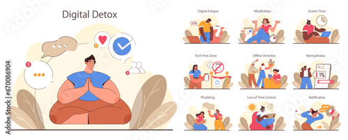 Digital detox set. Characters practicing mindfulness, reducing screen time, and enjoying tech-free zones. Disconnected or turned off gadget. Balanced life and mental health. Flat vector illustration photo