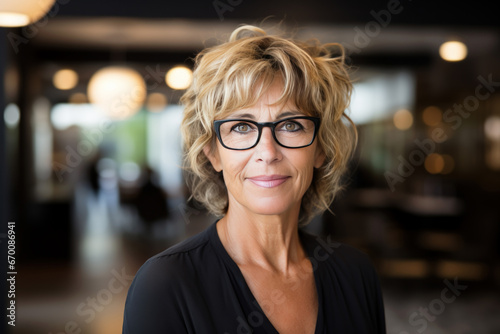 Senior businesswoman with black clothing and glasses posing indoors.