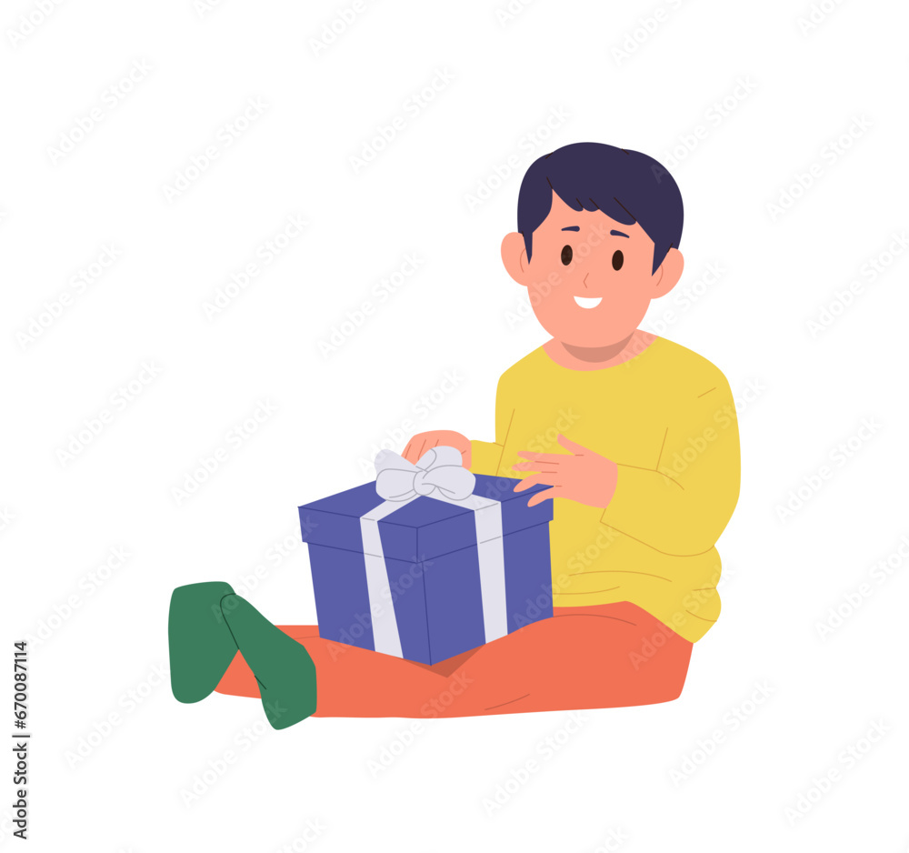 Smart cute boy kid cartoon character opening gift box with surprise isolated vector illustration