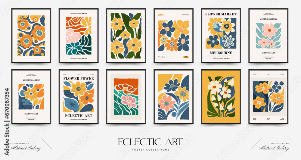 Abstract floral posters template. Modern trendy Matisse minimal style. Pink and blue colors. Hand drawn design for wallpaper, wall decor, print, postcard, cover, template, banner.