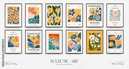Abstract floral posters template. Modern trendy Matisse minimal style. Pink and blue colors. Hand drawn design for wallpaper, wall decor, print, postcard, cover, template, banner. © KozyPlace