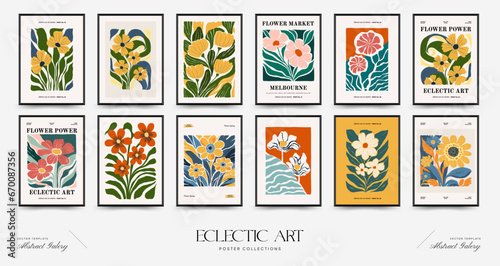 Abstract floral posters template. Modern trendy Matisse minimal style. Pink and blue colors. Hand drawn design for wallpaper, wall decor, print, postcard, cover, template, banner.