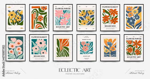 Abstract floral posters template. Modern trendy Matisse minimal style. Pink and blue colors. Hand drawn design for wallpaper, wall decor, print, postcard, cover, template, banner.