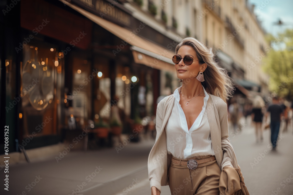 élégante Parisienne de 50ans en tenue de ville dans une ruelle de la ville - obrazy, fototapety, plakaty 