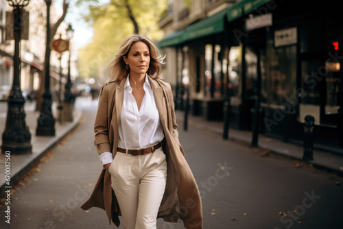 élégante Parisienne de 50ans en tenue de ville dans une ruelle de la ville