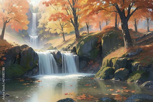 秋の紅葉観光地を流れる滝の水流のイラスト