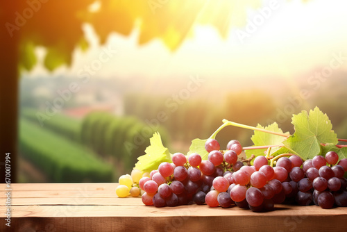 fresh grapes fruits bunch on wooden table with vineyard field on morning sunshine background with copyspace area