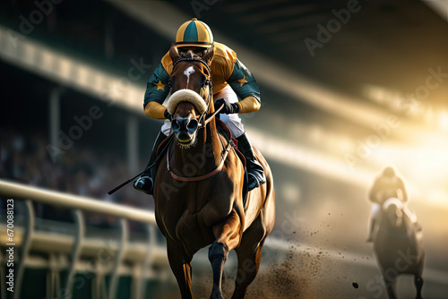 Horse racing A stallion gallops with a rider on horseback