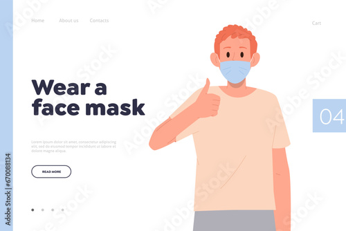 Wear face mask promotion landing page design template with happy teenager boy gesturing thumbsup