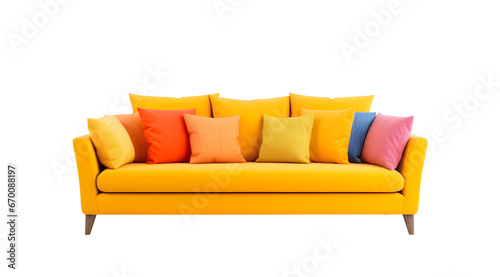 Modern yellow sofa with colourful pillows on a transparent background, perfect for chic and stylish home interiors.