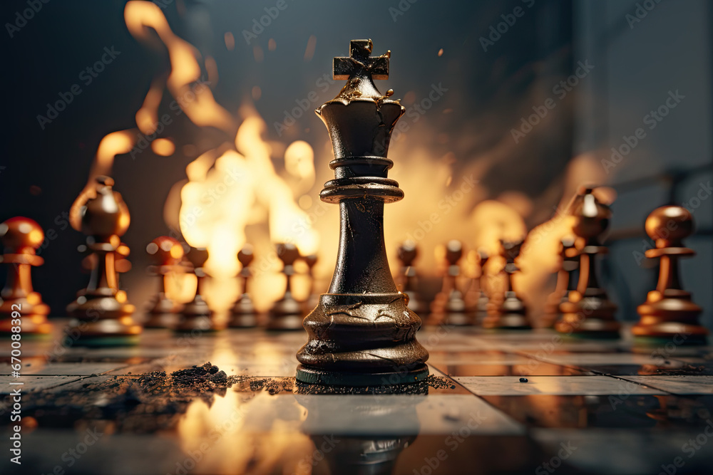 Assortment of chess pieces with dramatic scenery Assortment of chess pieces with dramatic scenery