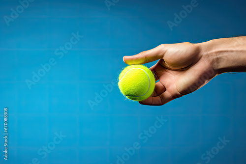 Tennis ball in the hand of a player on a blue background © Kitta