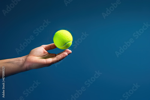 Tennis ball in the hand of a player on a blue background
