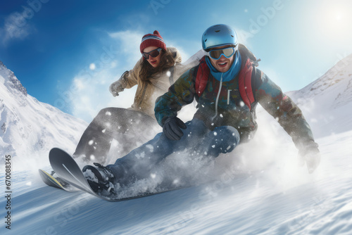 oung couple snowboarding in ski resort, woman falling on the snow, award winning studio photography