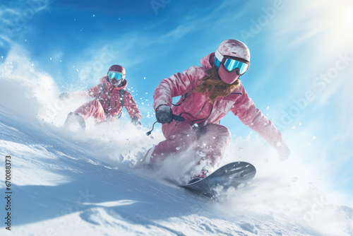 oung couple snowboarding in ski resort, woman falling on the snow, award winning studio photography