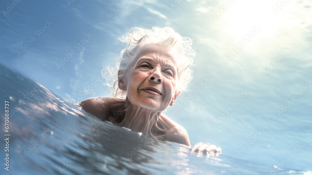 An active older woman swims laps in a pool, her strong strokes propelling her forward as she enjoys the refreshing water. 

List of 20