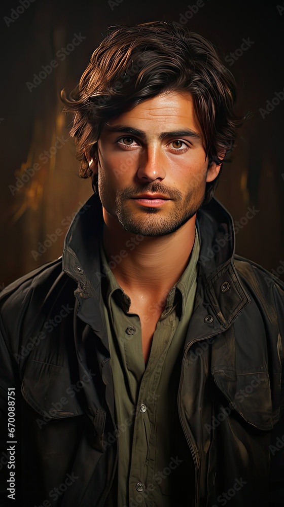 Illustration of young handsome man posing and looking at camera over background. Man face portrait illustration. Generative AI Illustration of young handsome man posing and looking at camera over background. Man face portrait illustration. Generative AI