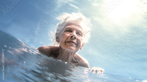 An active older woman swims laps in a pool, her strong strokes propelling her forward as she enjoys the refreshing water.   List of 20 © Exuberation 