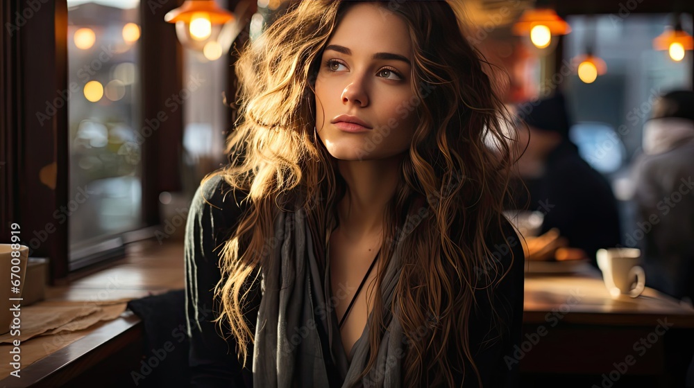 Sad,pensive young woman drinking coffee and looking out of the cafe window. Sad emotion illustration. Generative AI Sad,pensive young woman drinking coffee and looking out of the cafe window. Sad emotion illustration. Generative AI