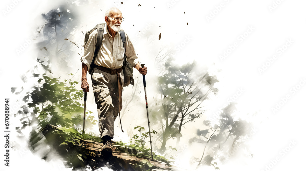 An elderly man hikes up a forest trail, surrounded by lush green trees and a clear blue sky above. - obrazy, fototapety, plakaty 