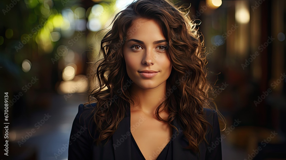 Close up portrait of a professional business woman smiling outdoor. Woman portrait illustration. Generative AI Close up portrait of a professional business woman smiling outdoor. Woman portrait illustration. Generative AI